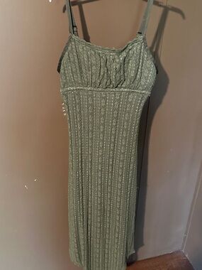 No Boundaries Olive Green Ribbed Midi Dress with Spaghetti Straps
